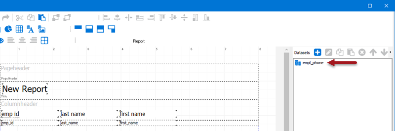 The Banded Report Editor with the newly created dataset.